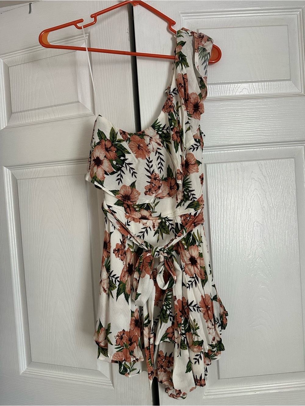 Francesca's Cream Floral One-Shoulder Romper with Rust Blooms